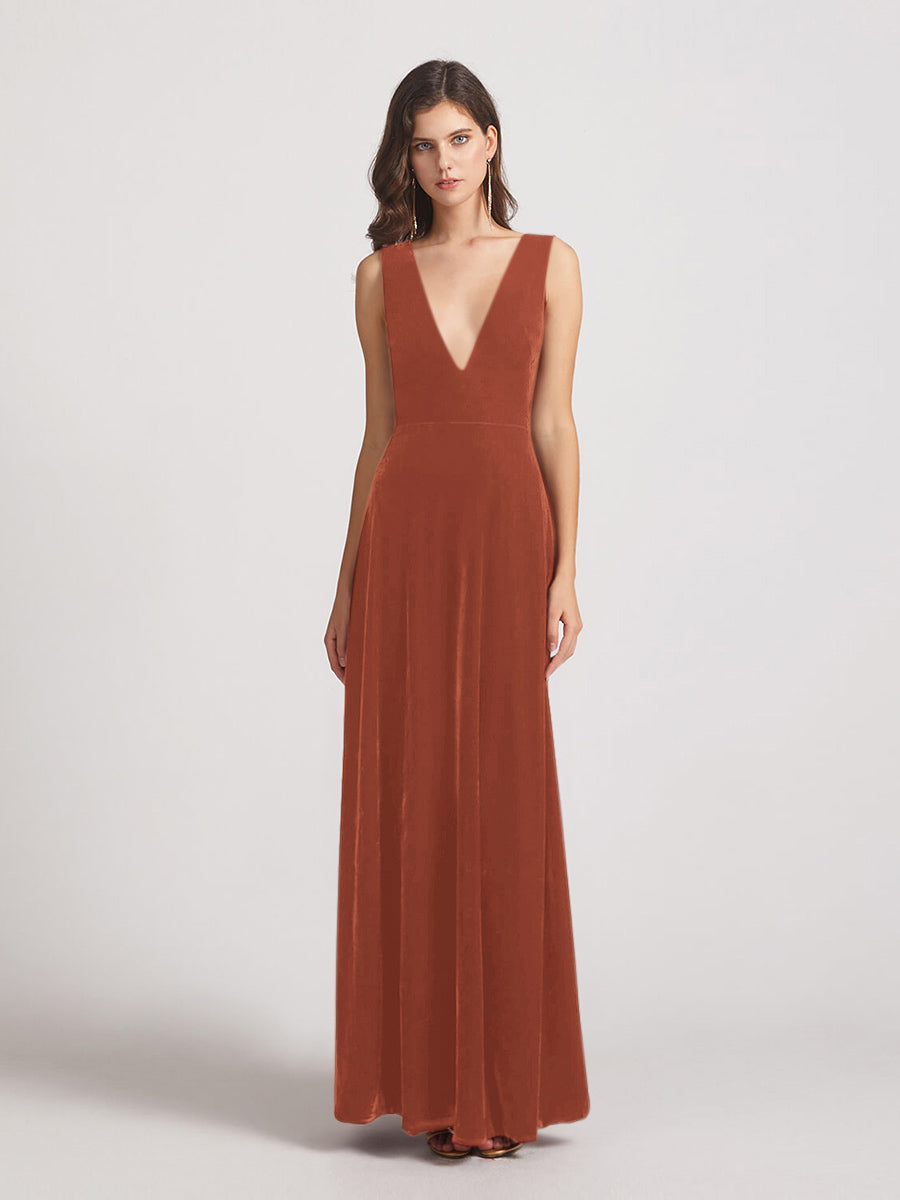 Bold V Neck A Line Velvet Bridesmaid Dresses