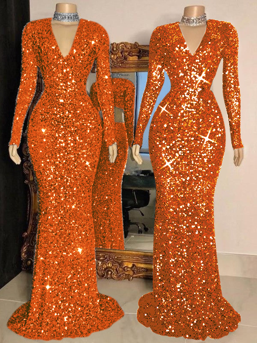 Sheath V-Neck Long Sleeves Long Velvet Sequin Prom Dress