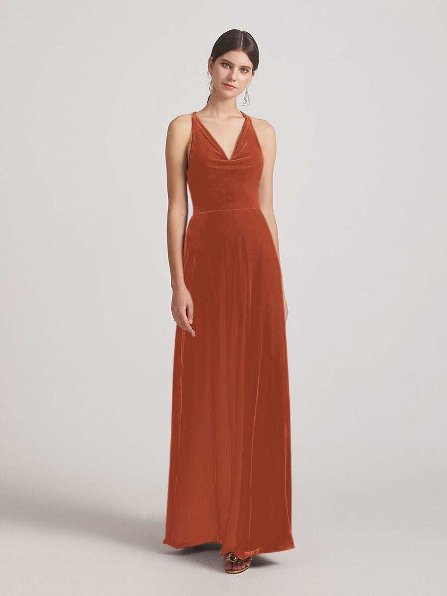 Cowl Neck Open Back Floor Length Velvet Bridesmaid Dresses