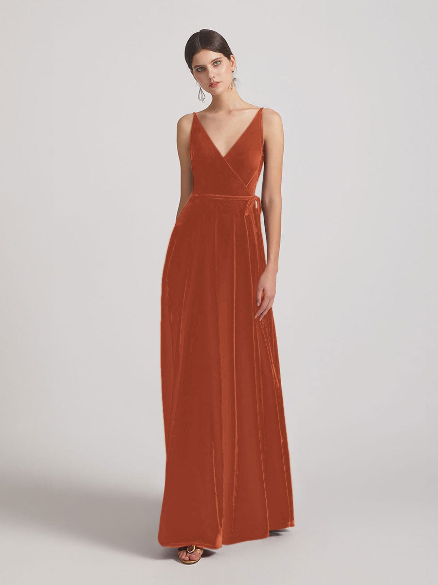 Spaghetti Strap V Neck Faux Wrap Velvet Bridesmaid Dresses