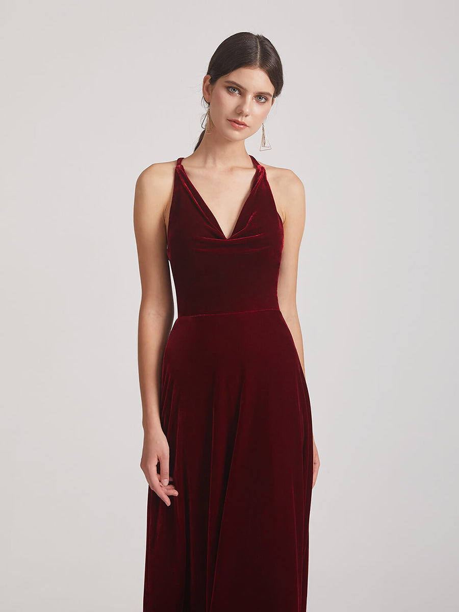 Cowl Neck Open Back Floor Length Velvet Bridesmaid Dresses