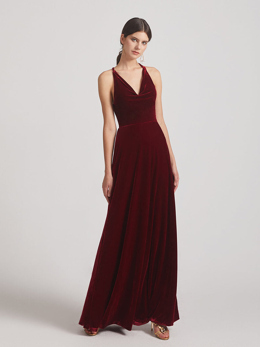 Cowl Neck Open Back Floor Length Velvet Bridesmaid Dresses