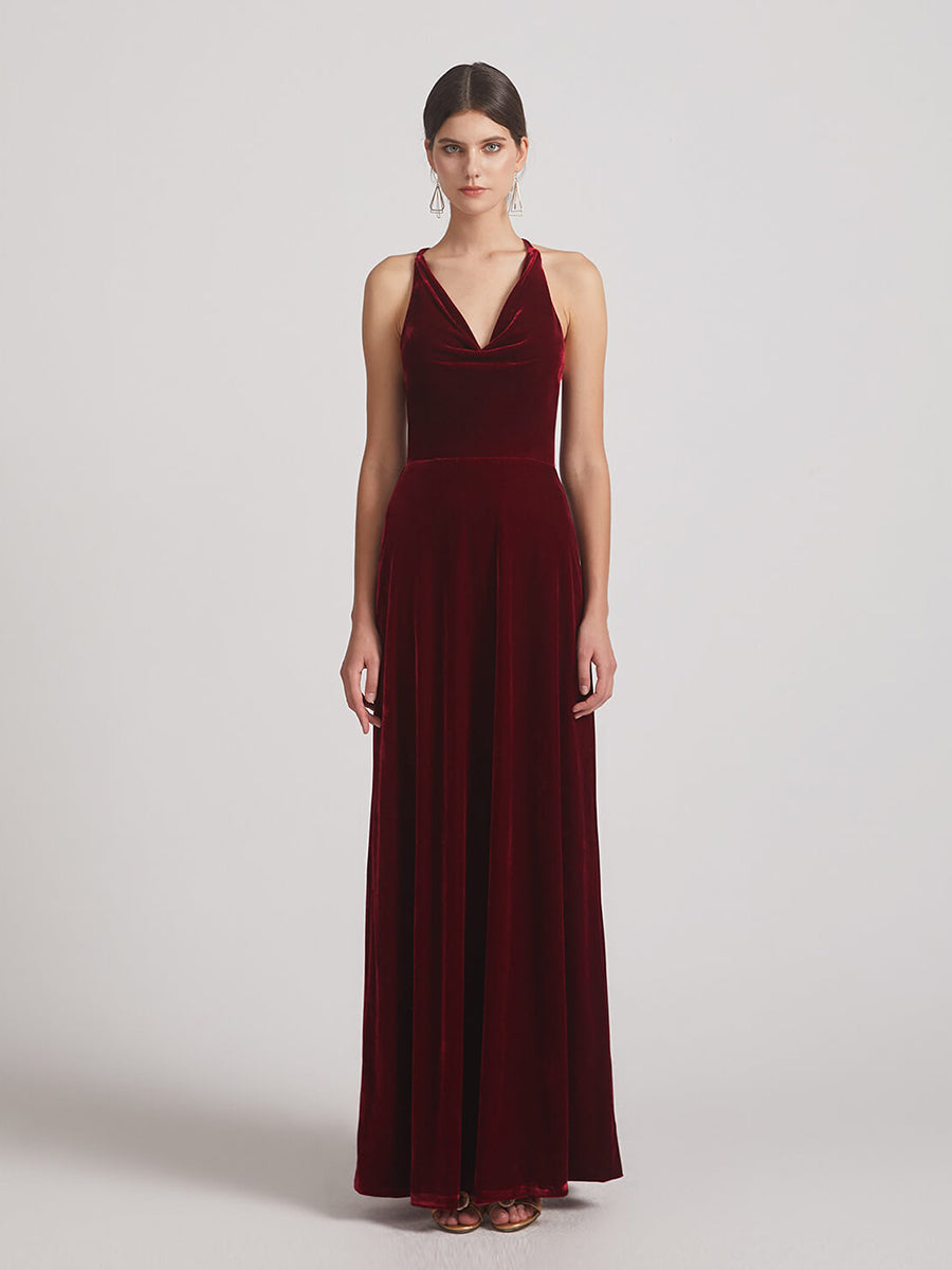 Cowl Neck Open Back Floor Length Velvet Bridesmaid Dresses