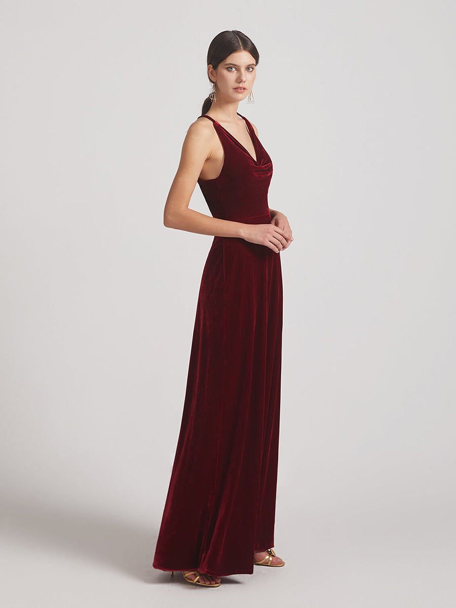 Cowl Neck Open Back Floor Length Velvet Bridesmaid Dresses