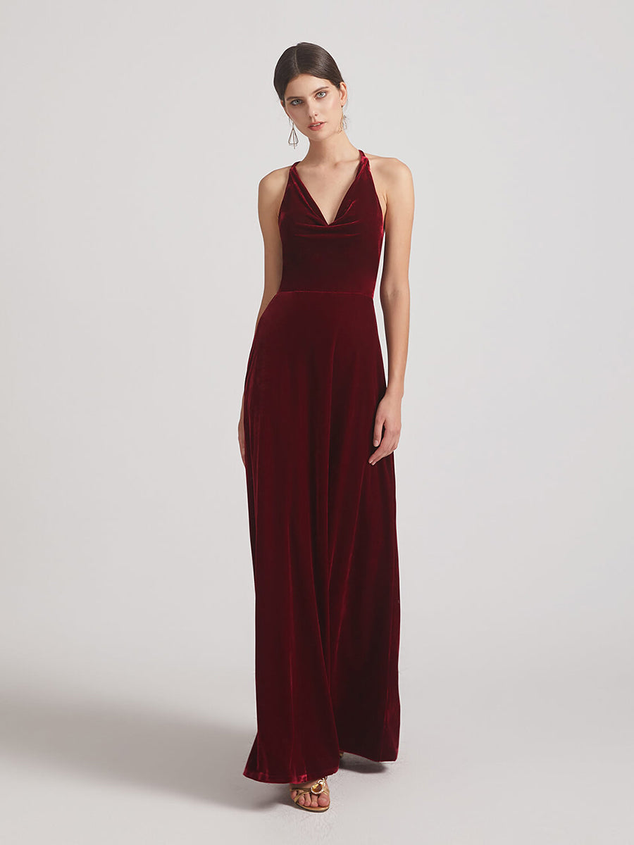 Cowl Neck Open Back Floor Length Velvet Bridesmaid Dresses