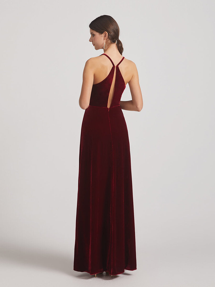 Cowl Neck Open Back Floor Length Velvet Bridesmaid Dresses