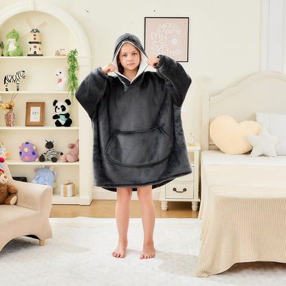 Dark Grey Kids Hoodie Blanket – Oversized Sherpa Fleece Snuggle Wear