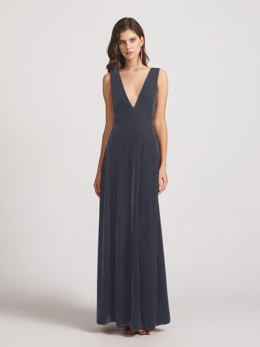 Bold V Neck A Line Velvet Bridesmaid Dresses