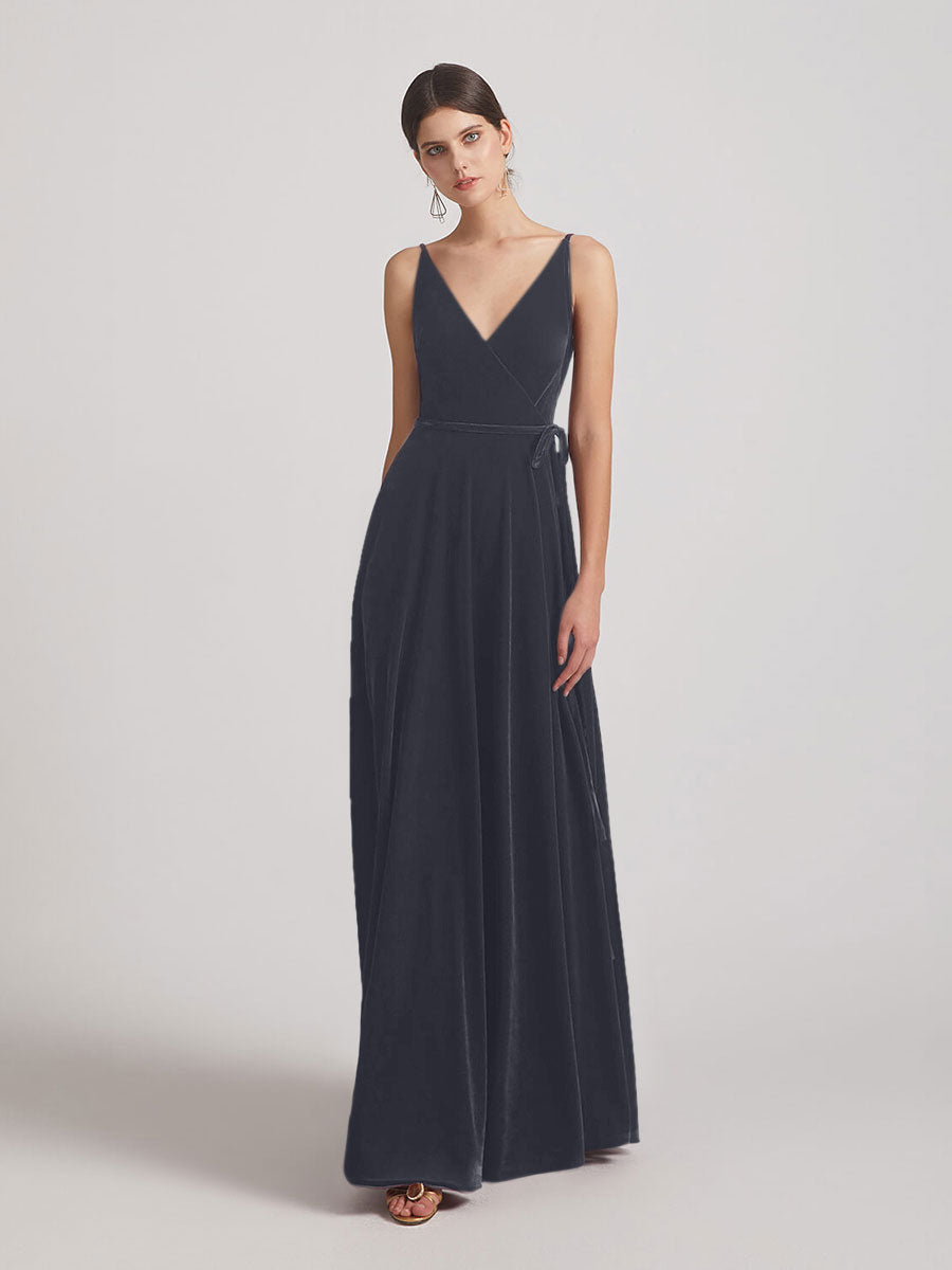 Spaghetti Strap V Neck Faux Wrap Velvet Bridesmaid Dresses