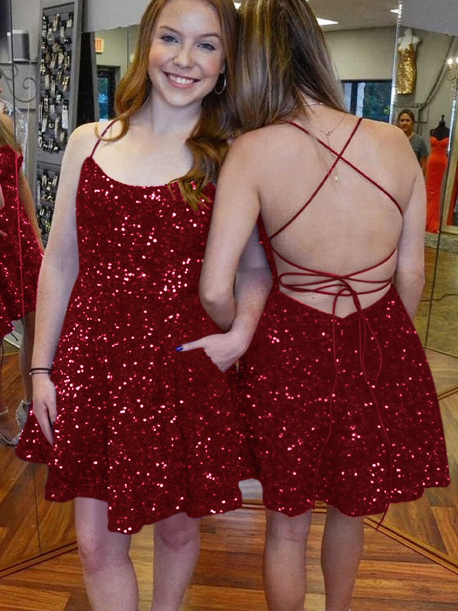 A-Line Spaghetti Straps Sleeveless Short Velvet Sequin Prom Dress