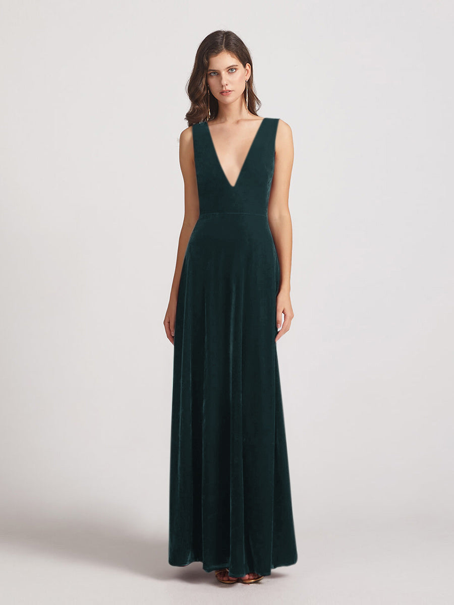 Bold V Neck A Line Velvet Bridesmaid Dresses