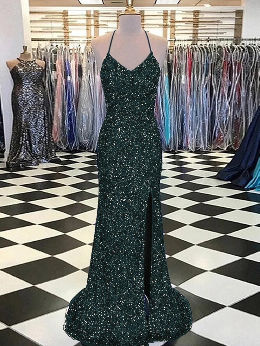 Sheath V-Neck Sleeveless Long Sweep Train Velvet Sequin Prom Dress