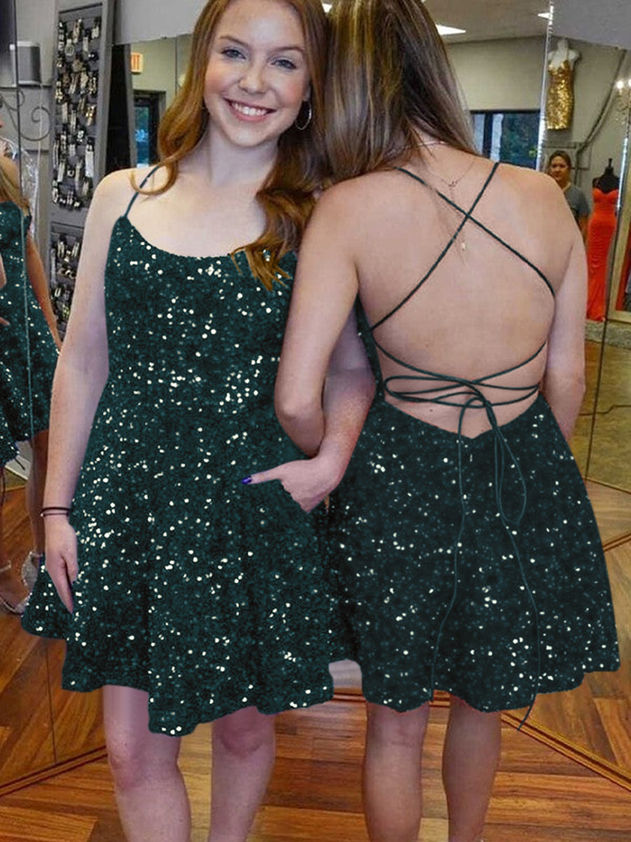 A-Line Spaghetti Straps Sleeveless Short Velvet Sequin Prom Dress