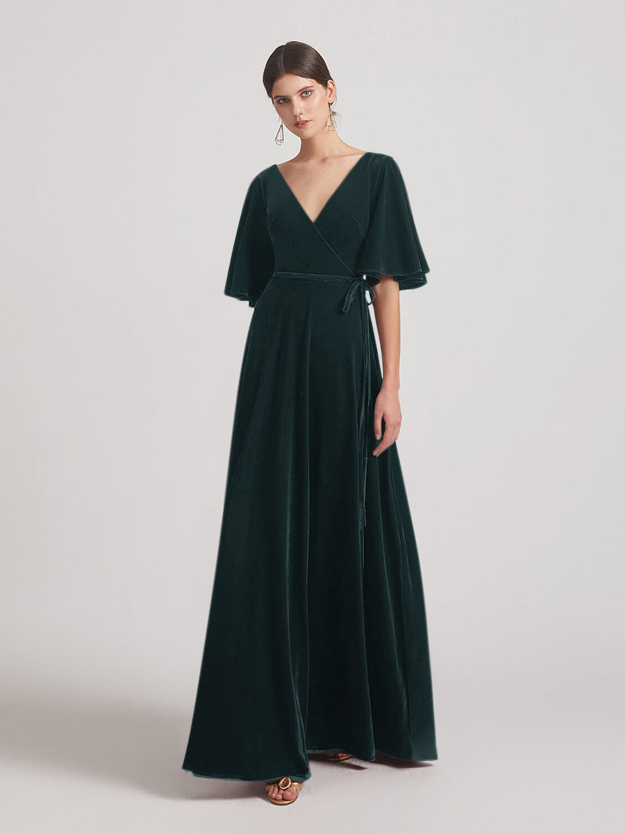 Elbow Length Flutter Sleeve Velvet Maxi Bridesmaid Dresses