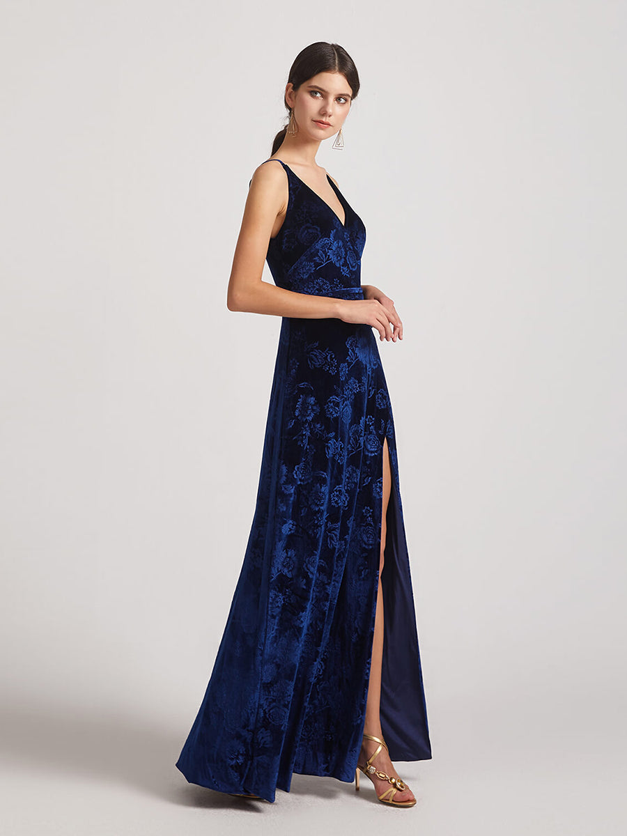 Floral Pattern V Neck Velvet Bridesmaid Dresses With Sash