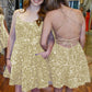A-Line Spaghetti Straps Sleeveless Short Velvet Sequin Prom Dress
