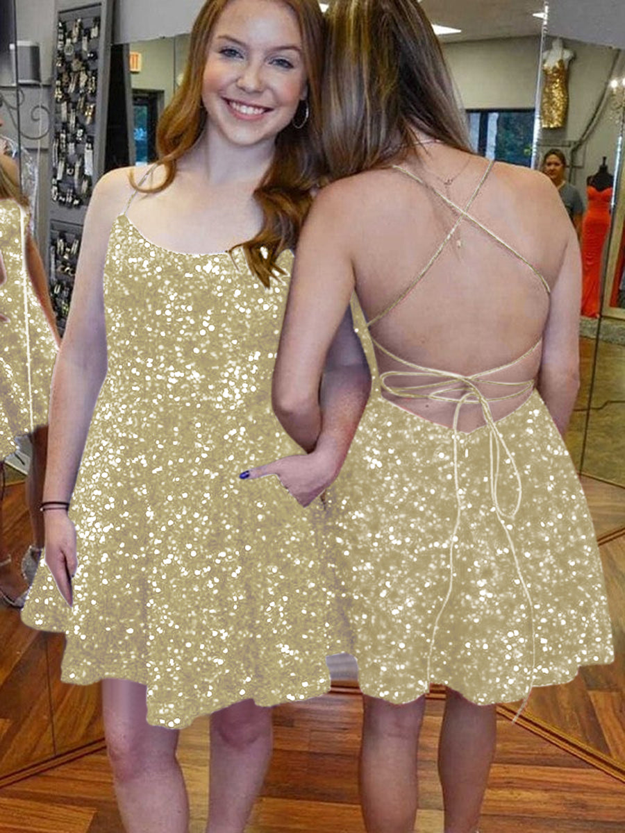 A-Line Spaghetti Straps Sleeveless Short Velvet Sequin Prom Dress