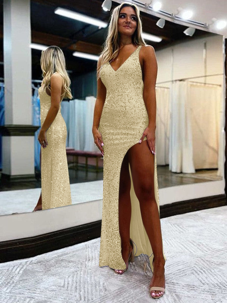 Sheath V-Neck Sleeveless Long Floor Length Velvet Sequin Prom Dress