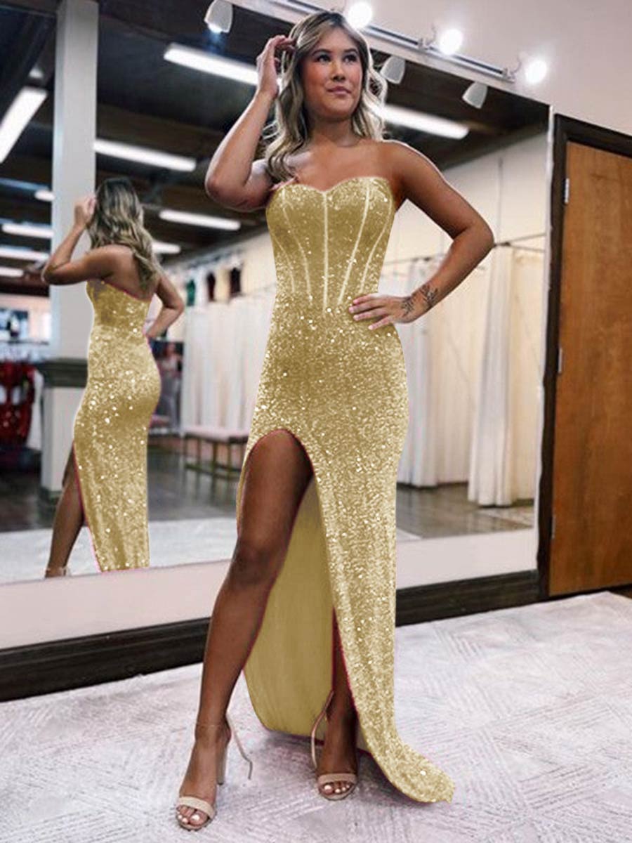 Strapless Sweetheart Corset Prom Dresses With Side Slit