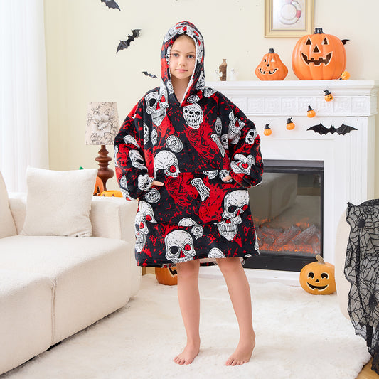 Halloween Blood Skull Print Hoodie Blanket for Kids