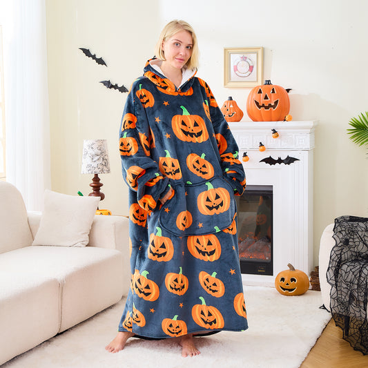 Halloween Pumpkin Sherpa Hoodie Blanket Extra Long Oversized