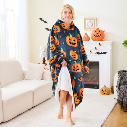 Halloween Pumpkin Sherpa Hoodie Blanket Extra Long Oversized