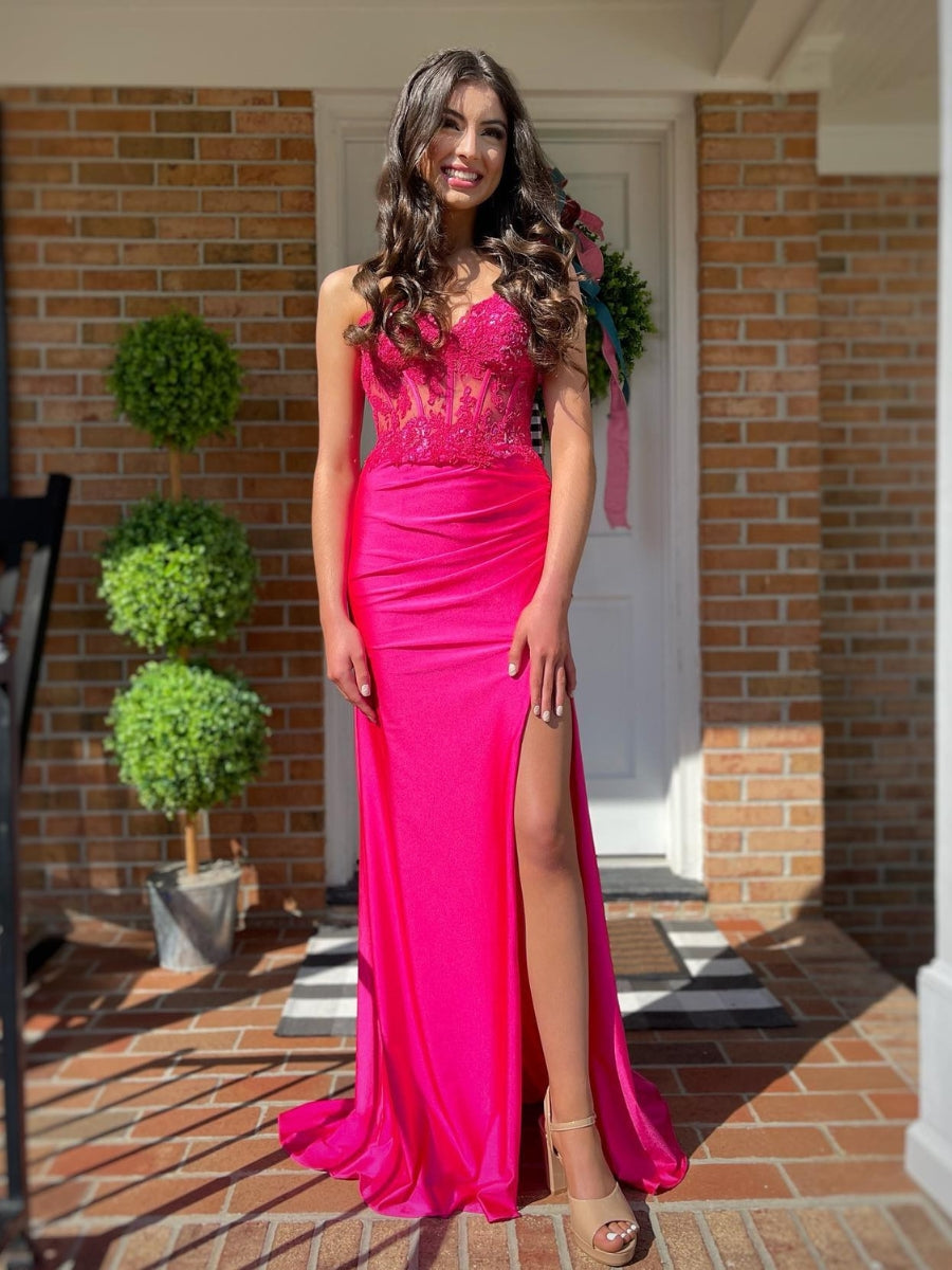 Sweetheart Corset Bodice Fitted Prom Dresses With Slit