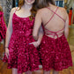A-Line Spaghetti Straps Sleeveless Short Velvet Sequin Prom Dress