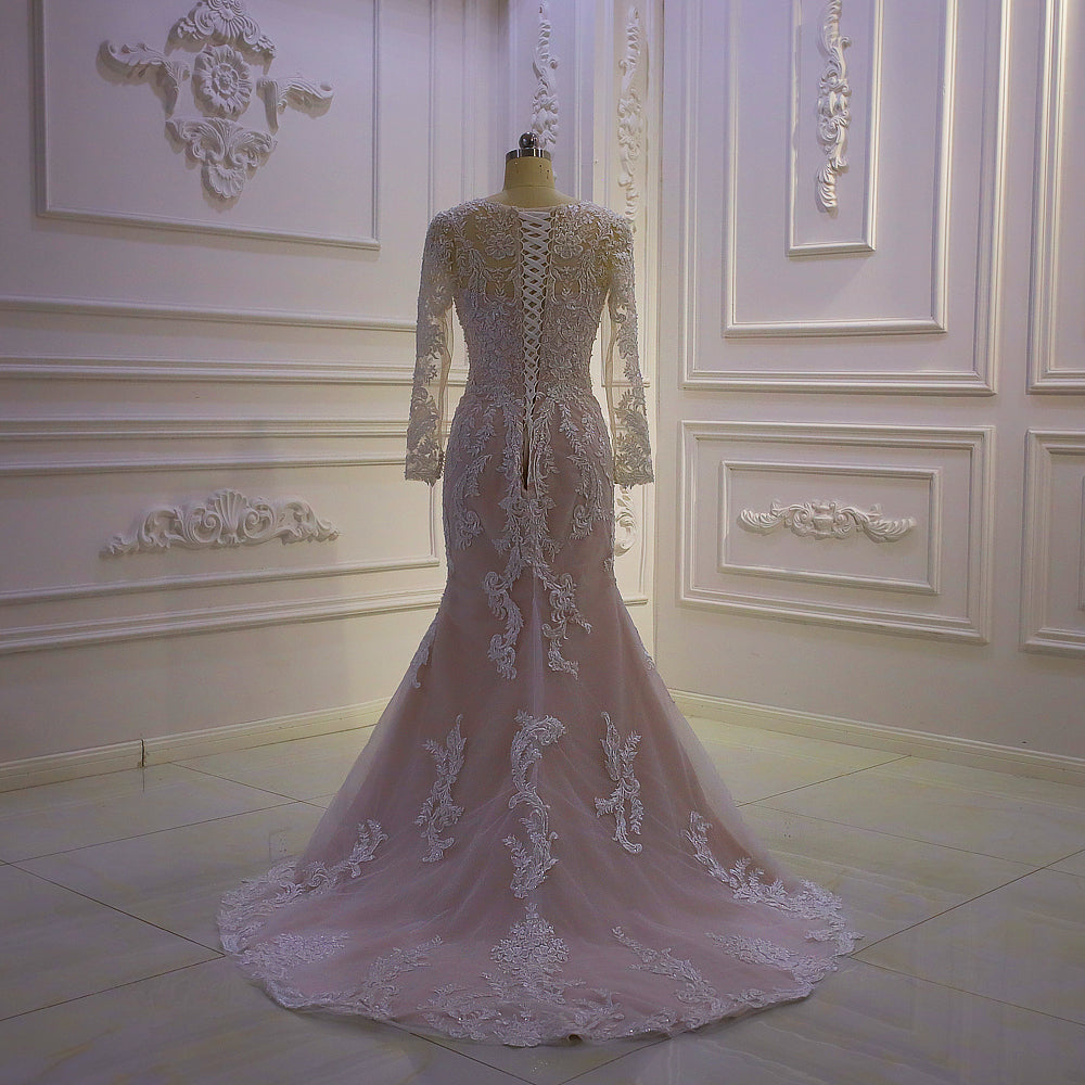 Long Sleeve V Neck Lace Up Back Mermaid Wedding Dresses
