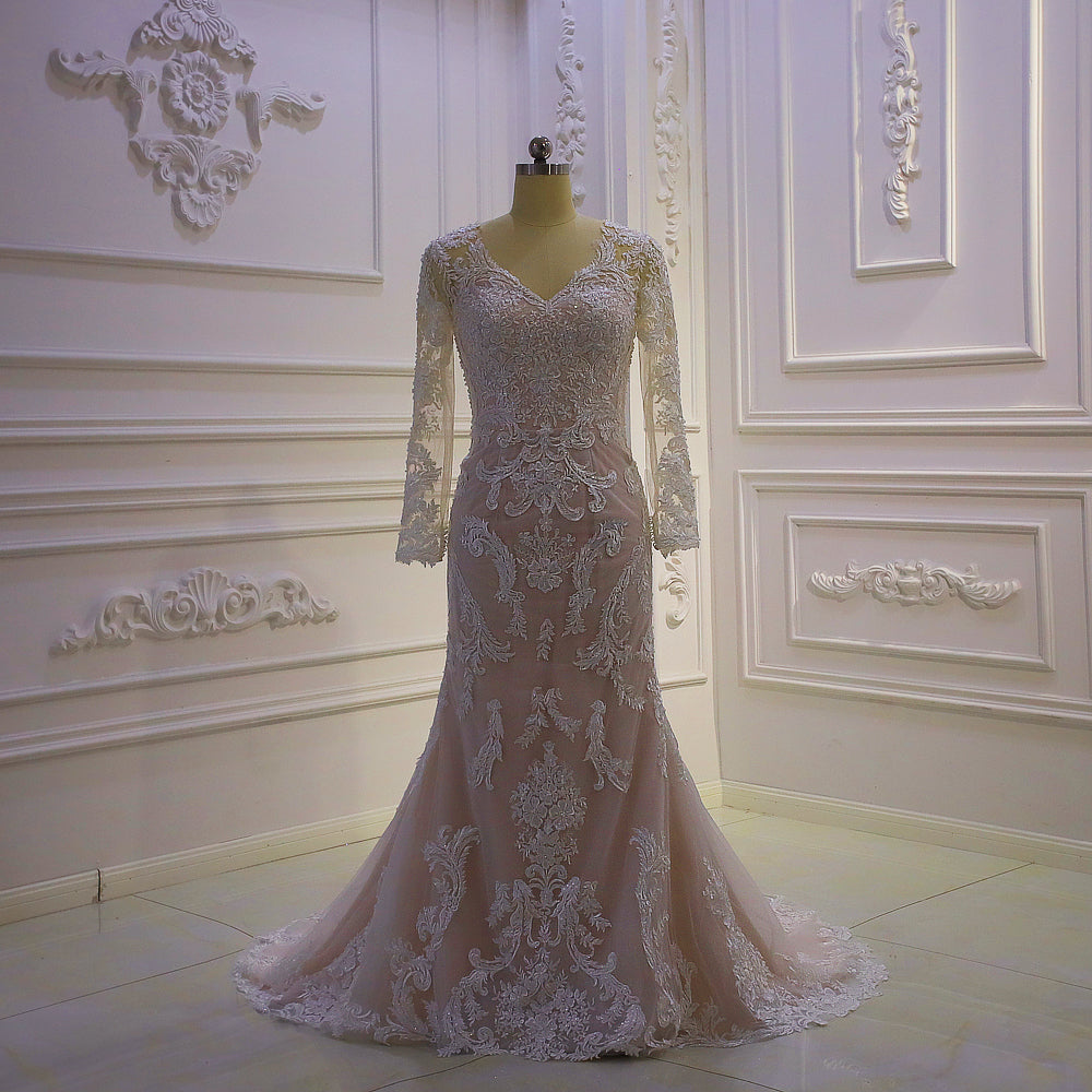 Long Sleeve V Neck Lace Up Back Mermaid Wedding Dresses