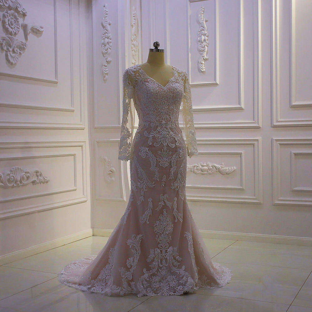 Long Sleeve V Neck Lace Up Back Mermaid Wedding Dresses