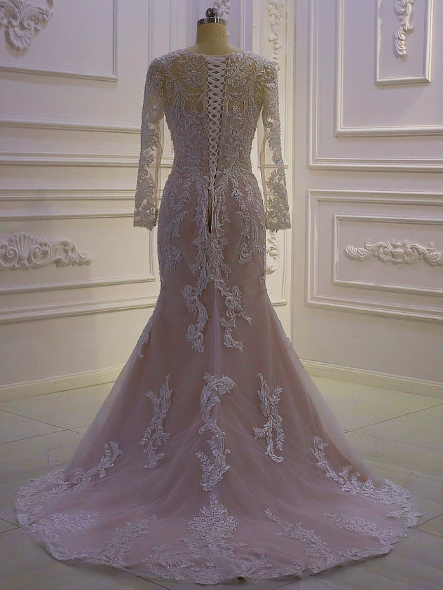 Long Sleeve V Neck Lace Up Back Mermaid Wedding Dresses