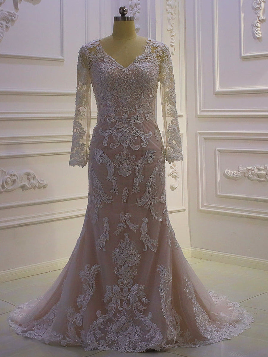 Long Sleeve V Neck Lace Up Back Mermaid Wedding Dresses