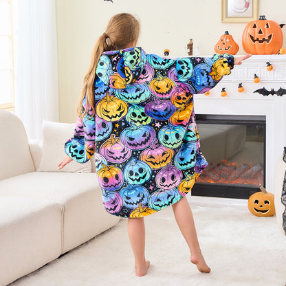 Jack-O’-Lantern Grin Hoodie Blanket for Kids