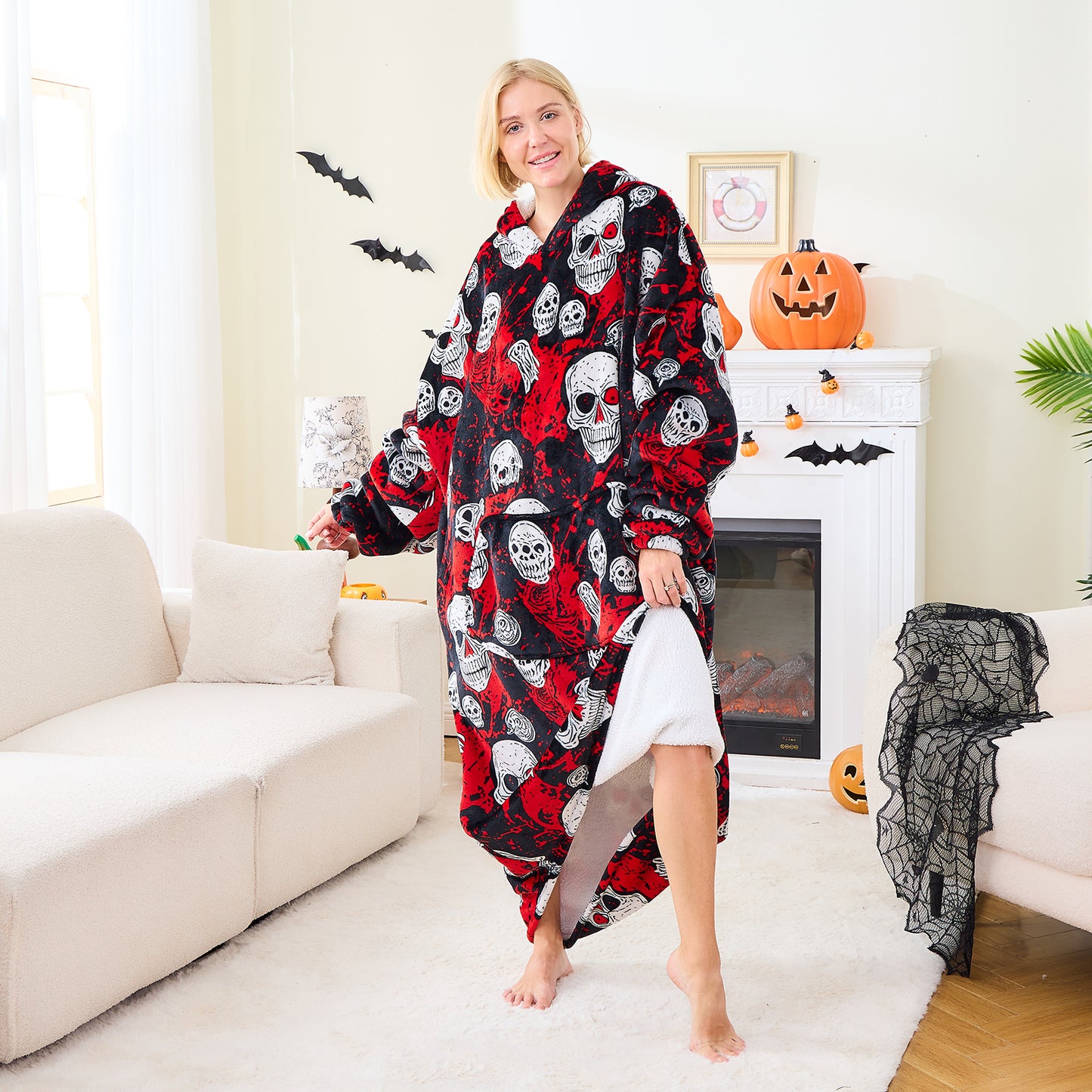 Skull Pattern Spooky Halloween Blanket Hoodie