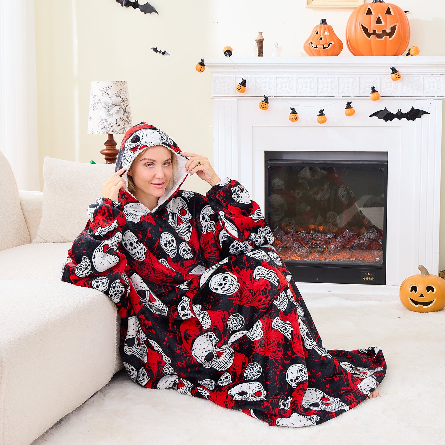 Skull Pattern Spooky Halloween Blanket Hoodie