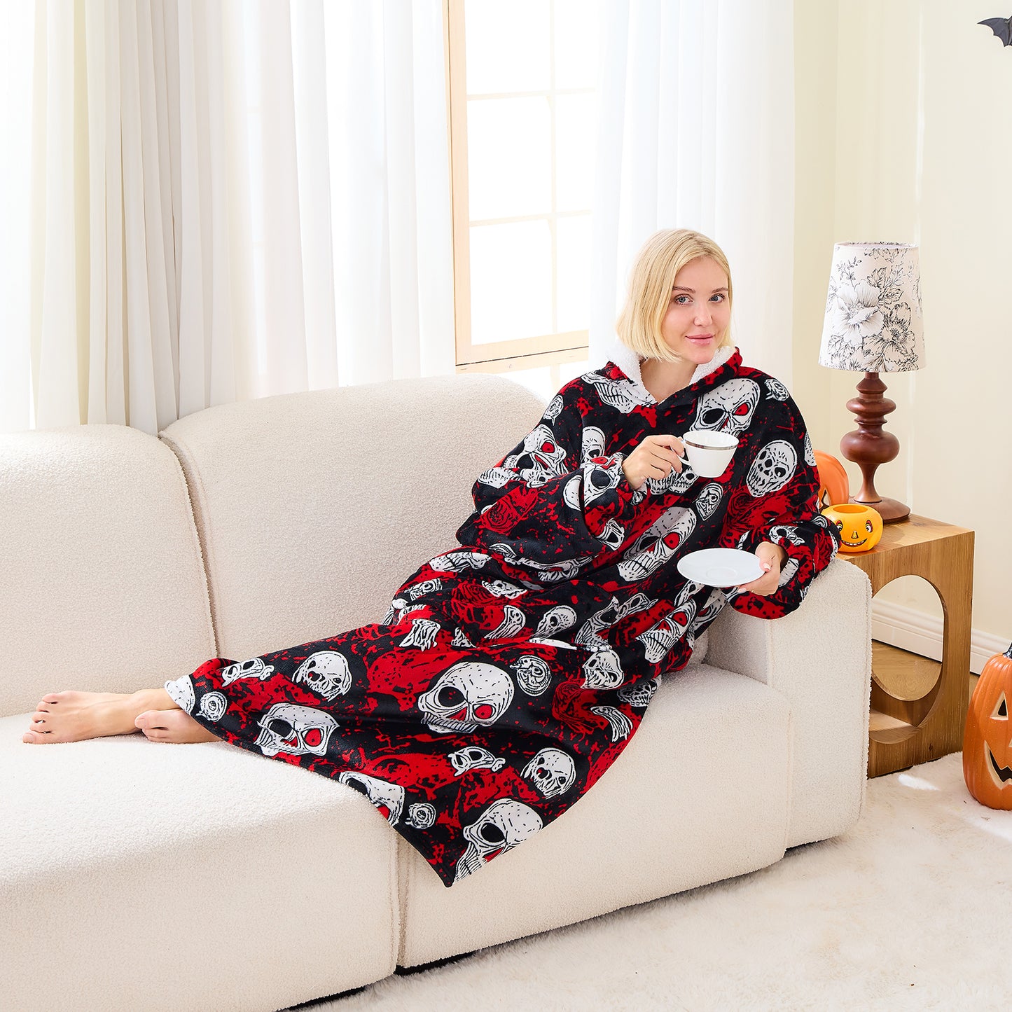 Skull Pattern Spooky Halloween Blanket Hoodie