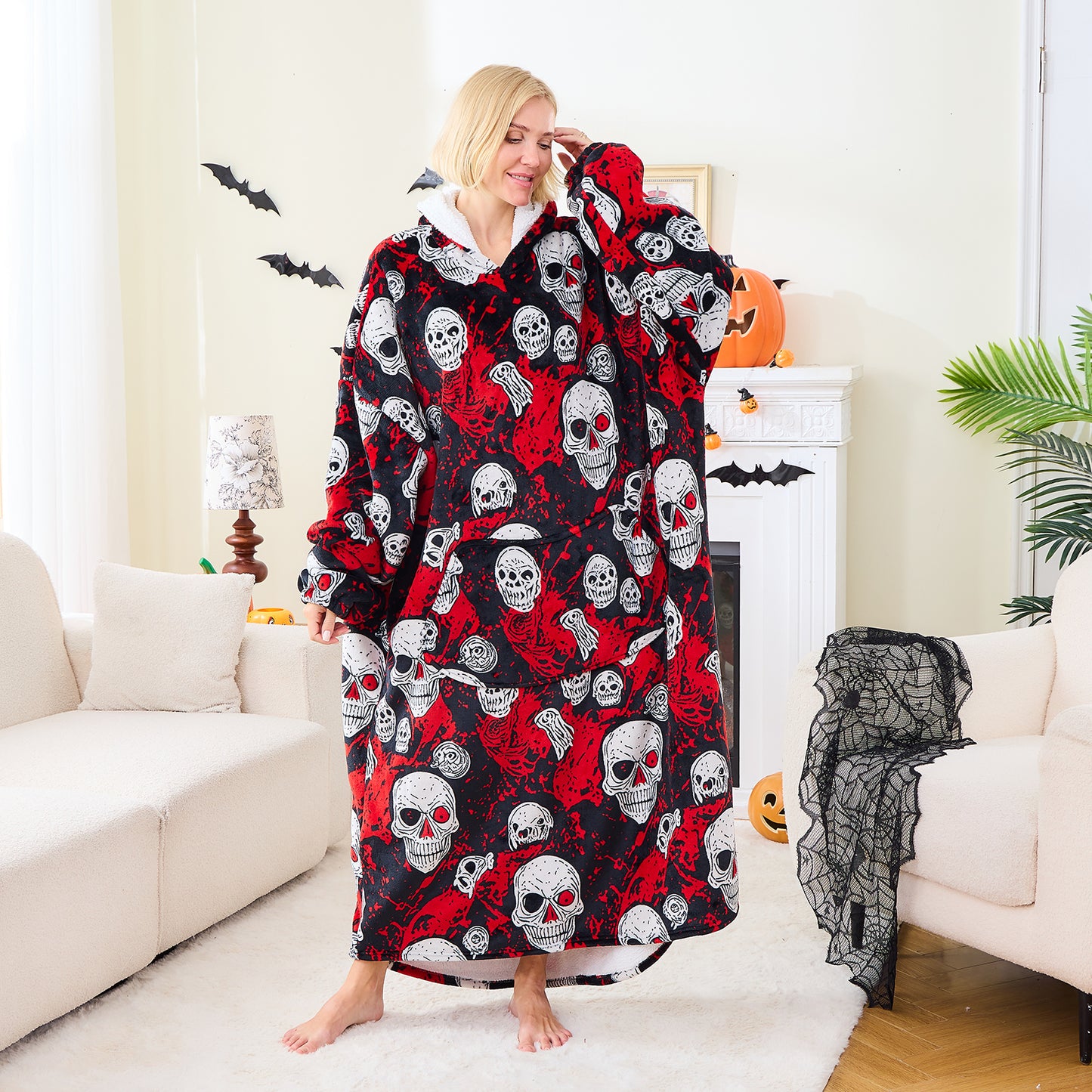 Skull Pattern Spooky Halloween Blanket Hoodie