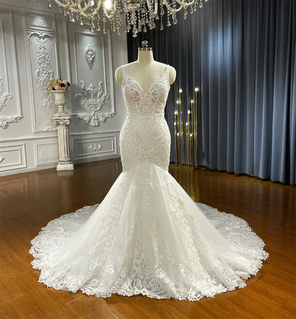 Straps V Neck Mermaid Wedding Dresses With Applique