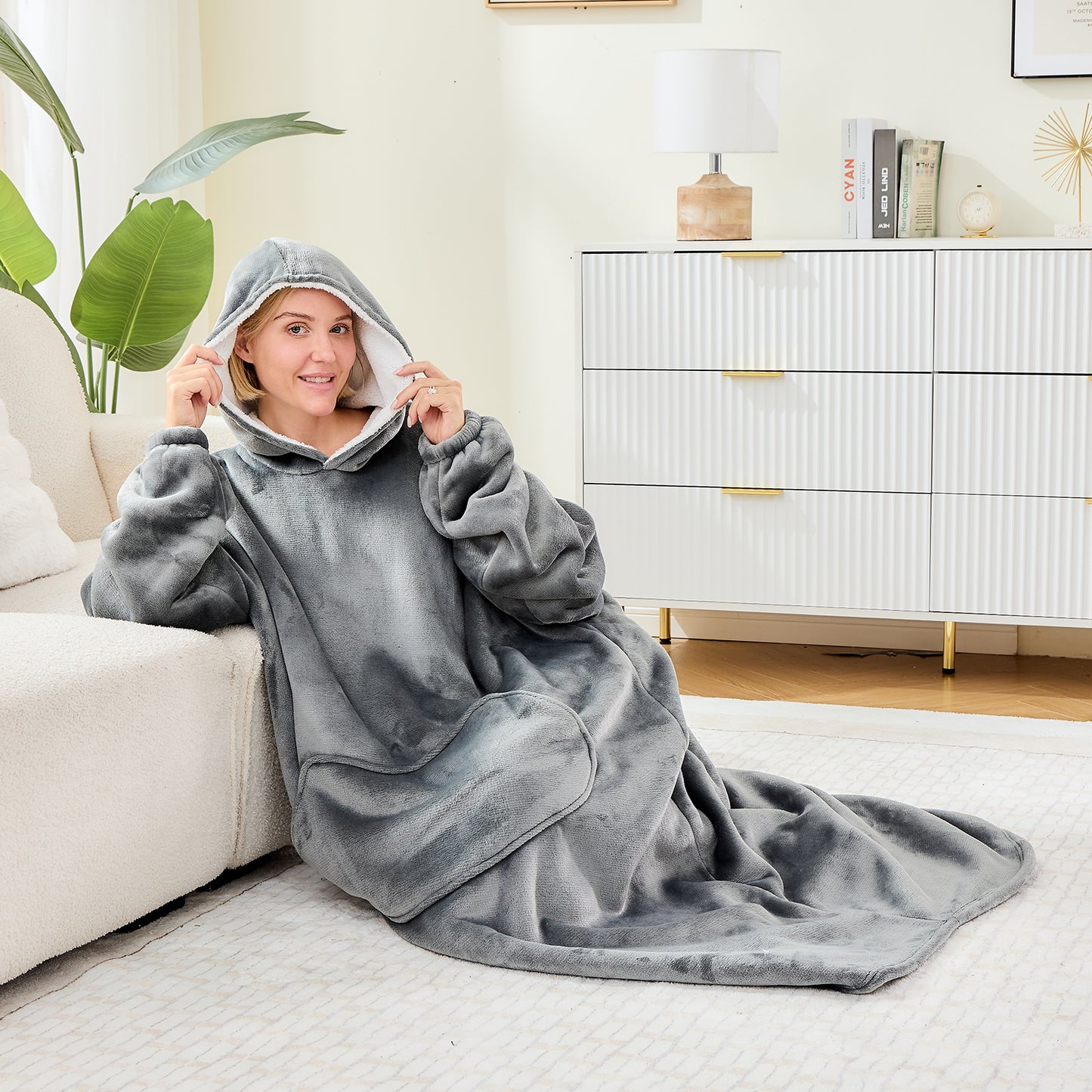 Light Grey Oversized Hoodie Blanket – Extra Long Sherpa Wearable Blanket