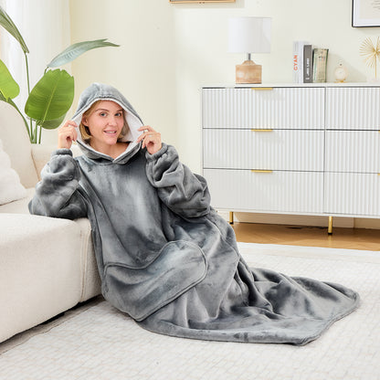 Light Grey Oversized Hoodie Blanket – Extra Long Sherpa Wearable Blanket