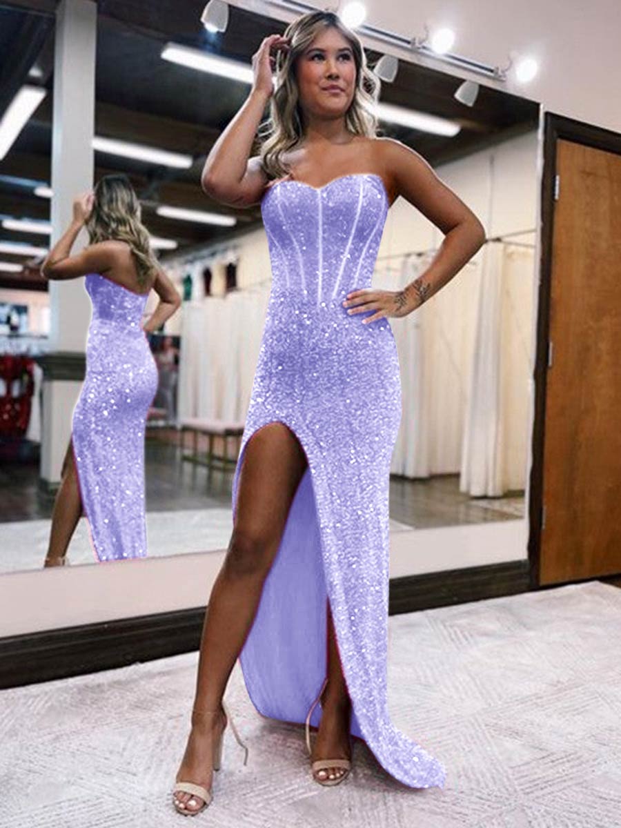 Strapless Sweetheart Corset Prom Dresses With Side Slit