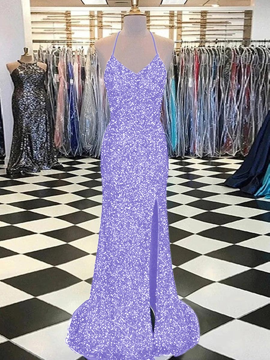 Sheath V-Neck Sleeveless Long Sweep Train Velvet Sequin Prom Dress