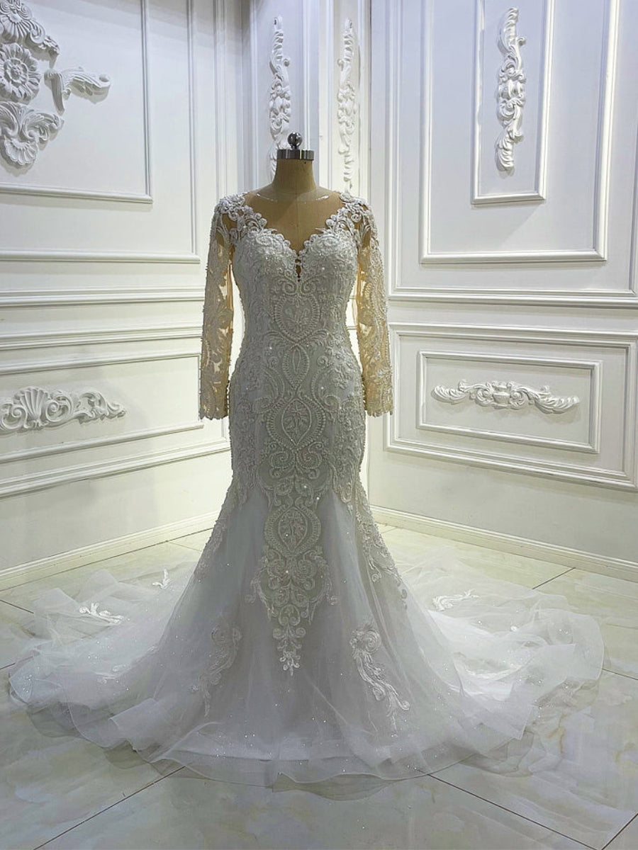 Elegant Long Sleeve V Neck Appique Mermaid Wedding Dresses