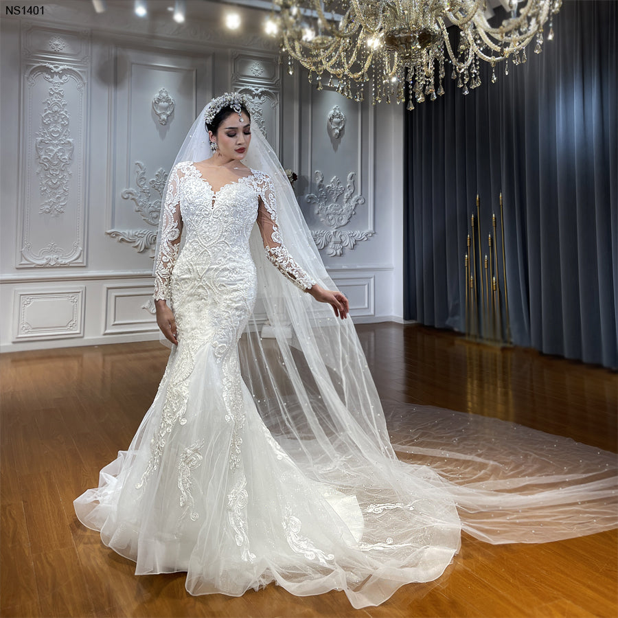Elegant Long Sleeve V Neck Appique Mermaid Wedding Dresses