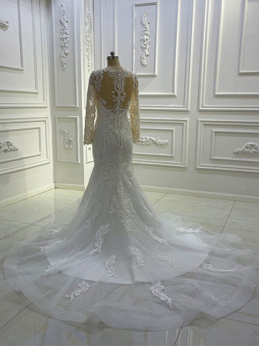Elegant Long Sleeve V Neck Appique Mermaid Wedding Dresses