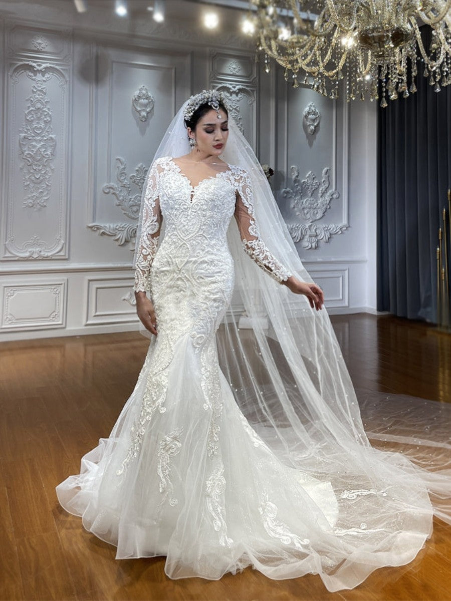 Elegant Long Sleeve V Neck Appique Mermaid Wedding Dresses