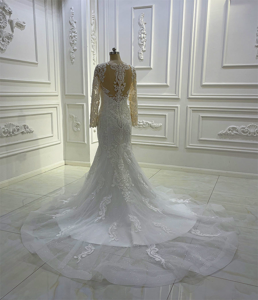 Elegant Long Sleeve V Neck Appique Mermaid Wedding Dresses