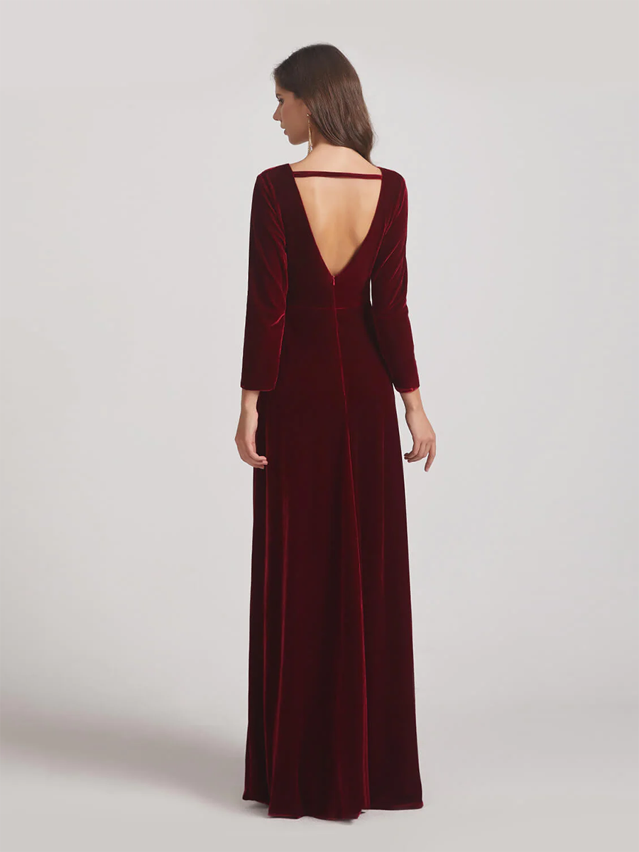 Long Sleeve Illusion V Neck Velvet Bridesmaid Dresses