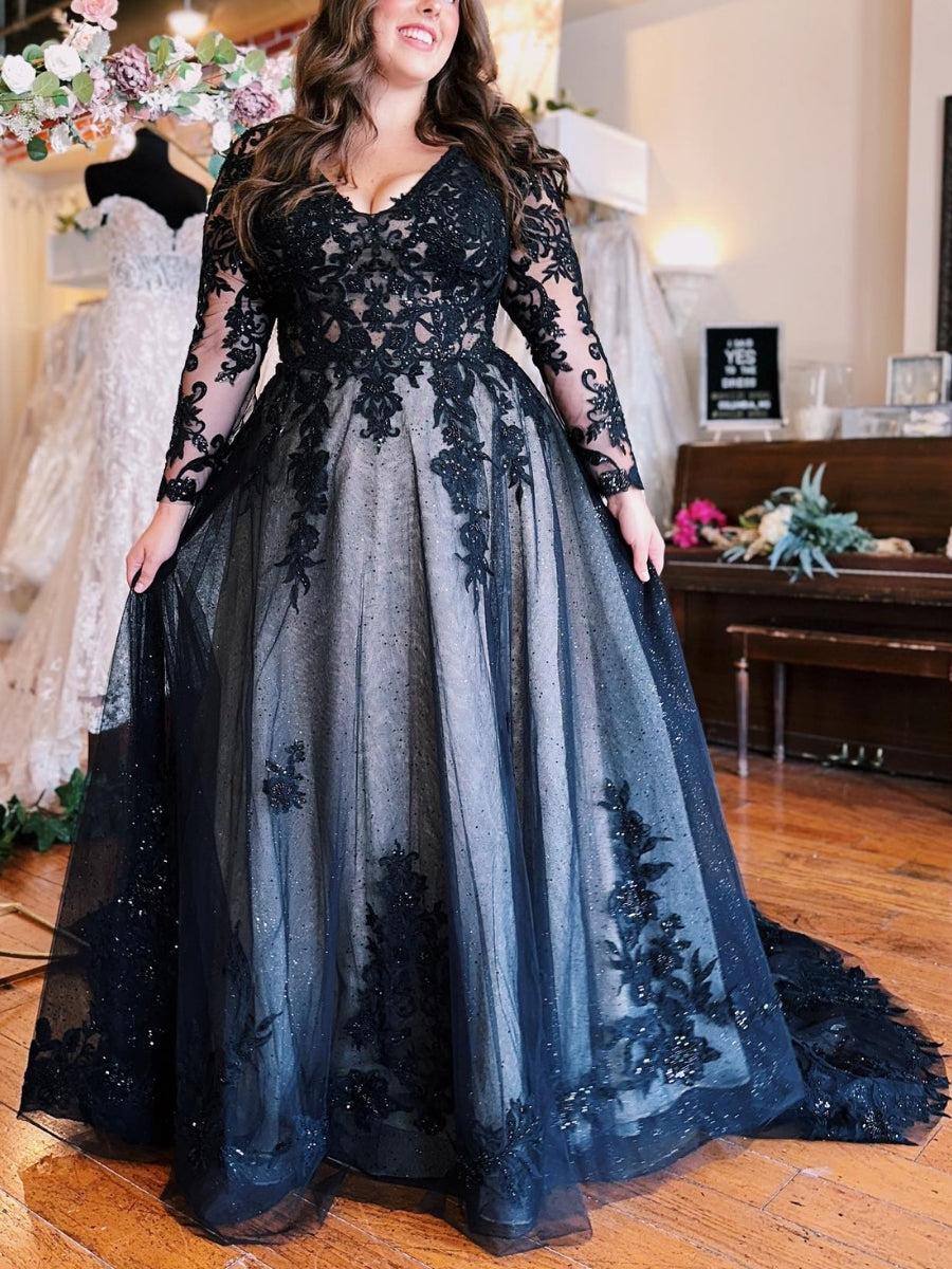 Long Sleeves V-neck Black Wedding Dresses for Alternative Bride